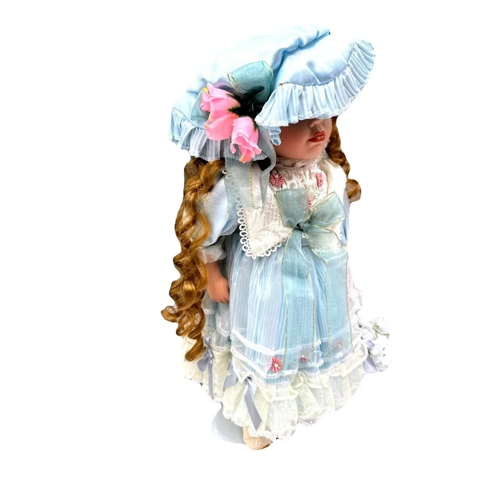 Cathay Collection Porcelain‎ Doll Blue Dress Curly Hair With Box Collectible